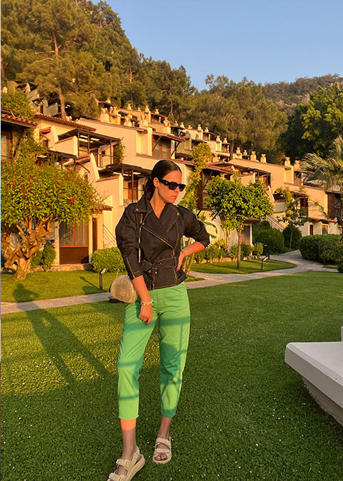 Yeşil yüksek bel koton pantalon