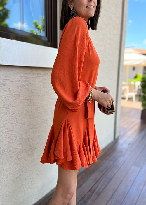 turuncu-elbise-mini-fırfırlı